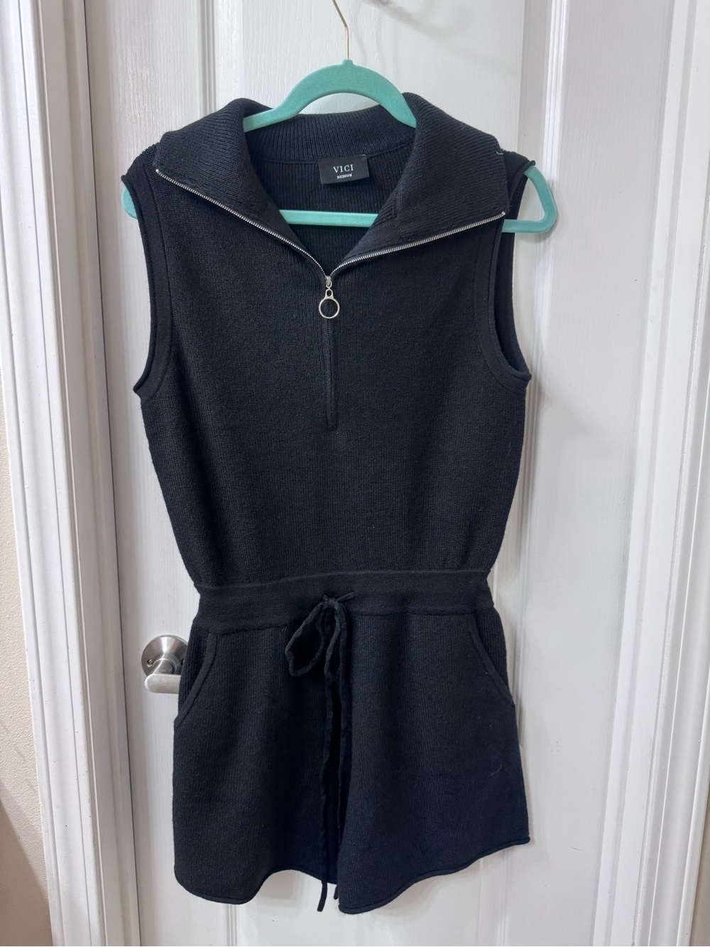 VICI Kids Black Sleeveless Zip-Neck Knit Romper with Drawstring